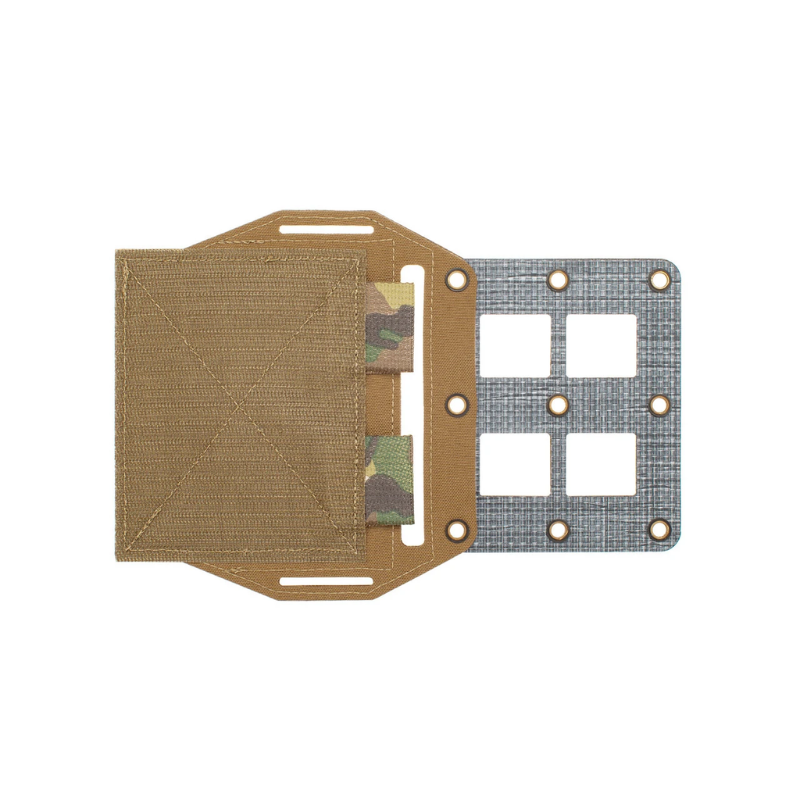 Spiritus Systems MOLLE Expander Wing rear view showing the Coyote Brown hook-and-loop attachment panel, pass-through slots, and rigid MOLLE mounting grid.