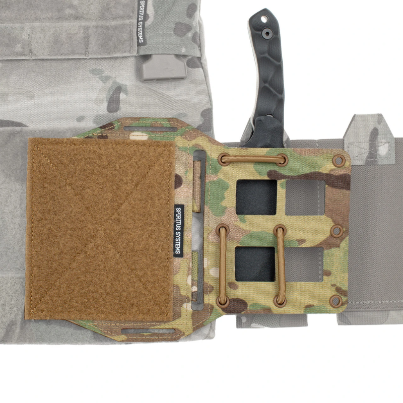 Spiritus Systems MOLLE Expander Wing in Multicam mounted to a plate carrier with a fixed-blade knife secured behind the rigid MOLLE grid using shock cord.