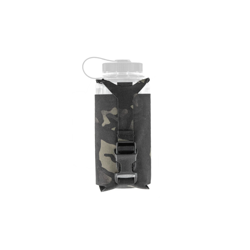 Spiritus Systems Nalgene Water Bottle Pouch in Multicam Black with 32oz Nalgene bottle, black retention strap, and quick-release buckle.