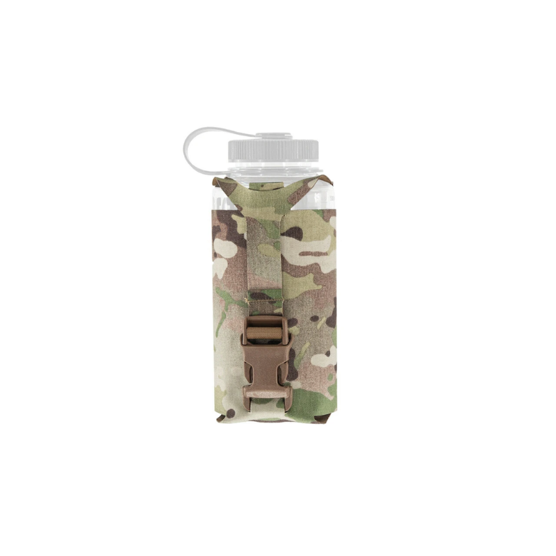 Spiritus Systems Nalgene Water Bottle Pouch in Multicam holding a 32oz Nalgene bottle with adjustable retention strap and buckle closure.