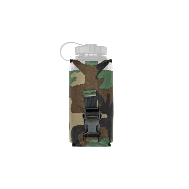 Spiritus Systems Nalgene Water Bottle Pouch in Woodland camouflage with 32oz Nalgene bottle, adjustable retention strap, and black buckle.
