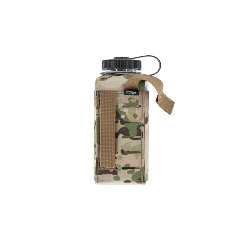 Rear view of Spiritus Systems Nalgene Water Bottle Pouch in Multicam showing MOLLE-compatible mounting slots and attachment straps.