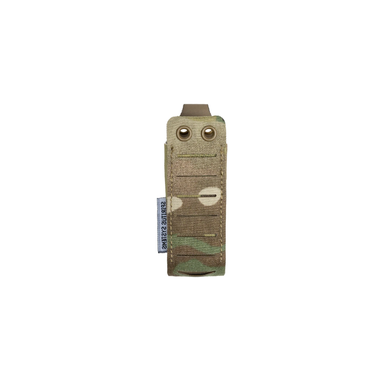 Spiritus Systems Pistol Mag Pouch in Multicam showing rear MOLLE-compatible mounting slots and retention grommets.