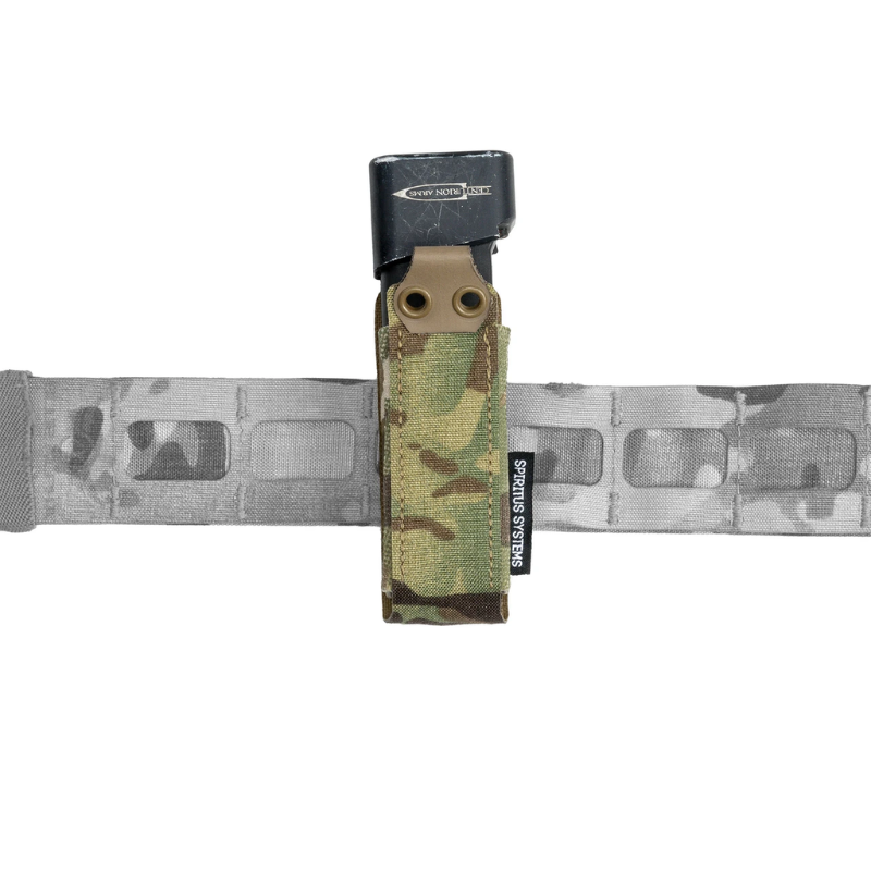 Spiritus Systems Pistol Mag Pouch in Multicam mounted vertically on a tactical belt with a pistol magazine inserted.
