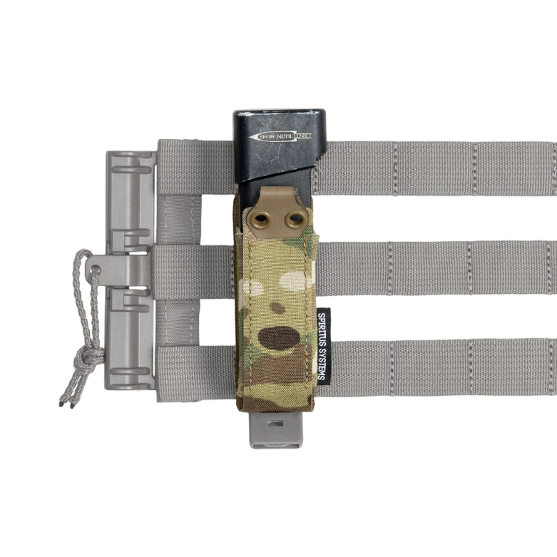 Spiritus Systems Pistol Mag Pouch in Multicam attached to a MOLLE plate carrier cummerbund with a pistol magazine inserted.