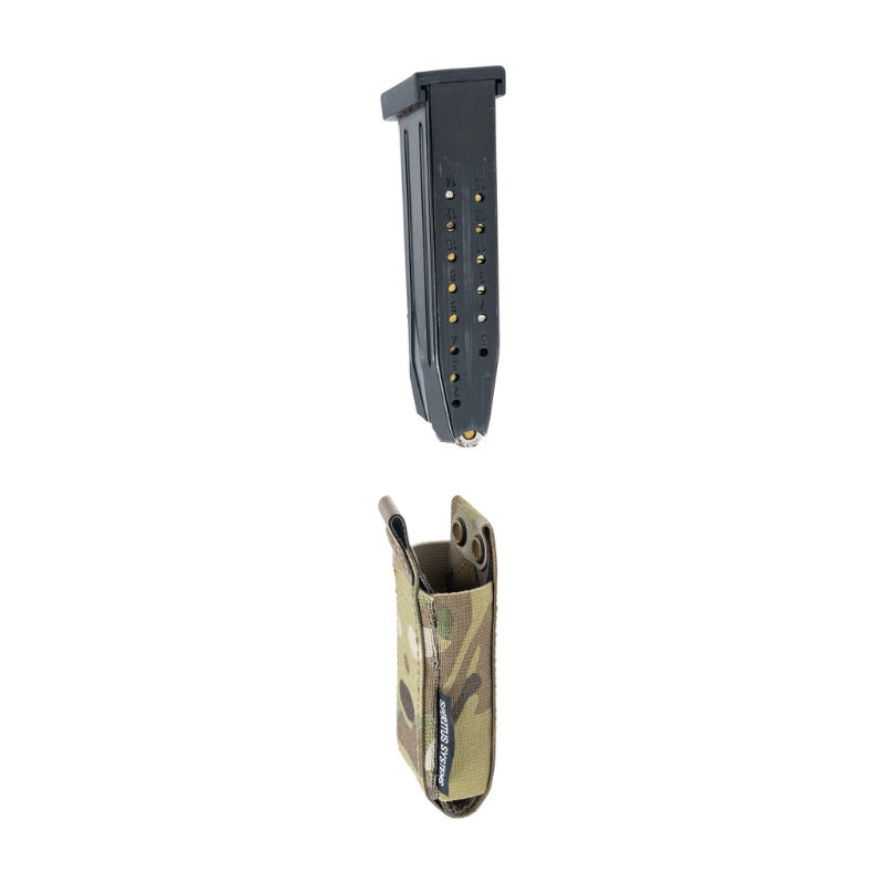 Spiritus Systems Pistol Mag Pouch in Multicam shown with a pistol magazine above the open pouch to demonstrate magazine insertion.