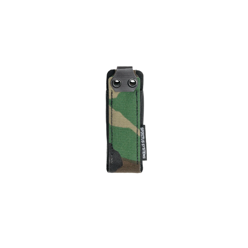 Spiritus Systems Pistol Mag Pouch in Woodland camouflage with a low-profile design and dual metal retention grommets.