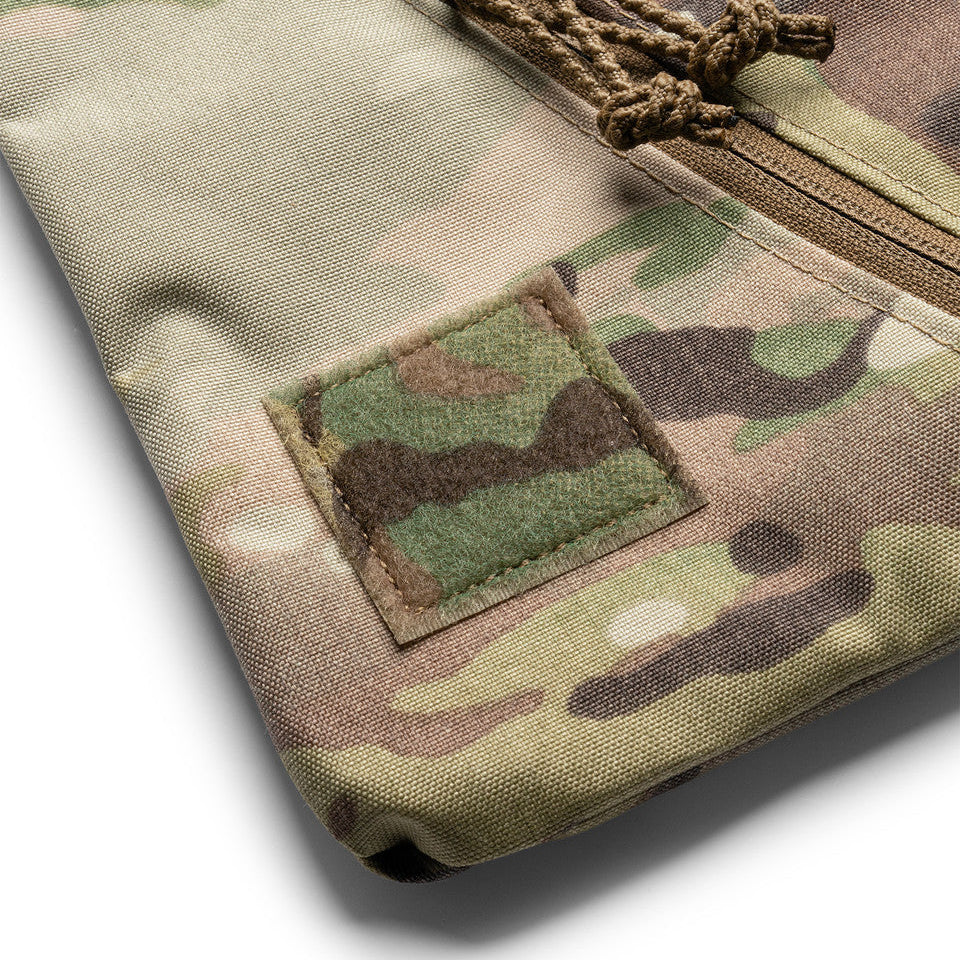 Close up of Spiritus Systems BII Wonton Pouch hook and loop patch panel for identification patches, labels, and custom gear organization