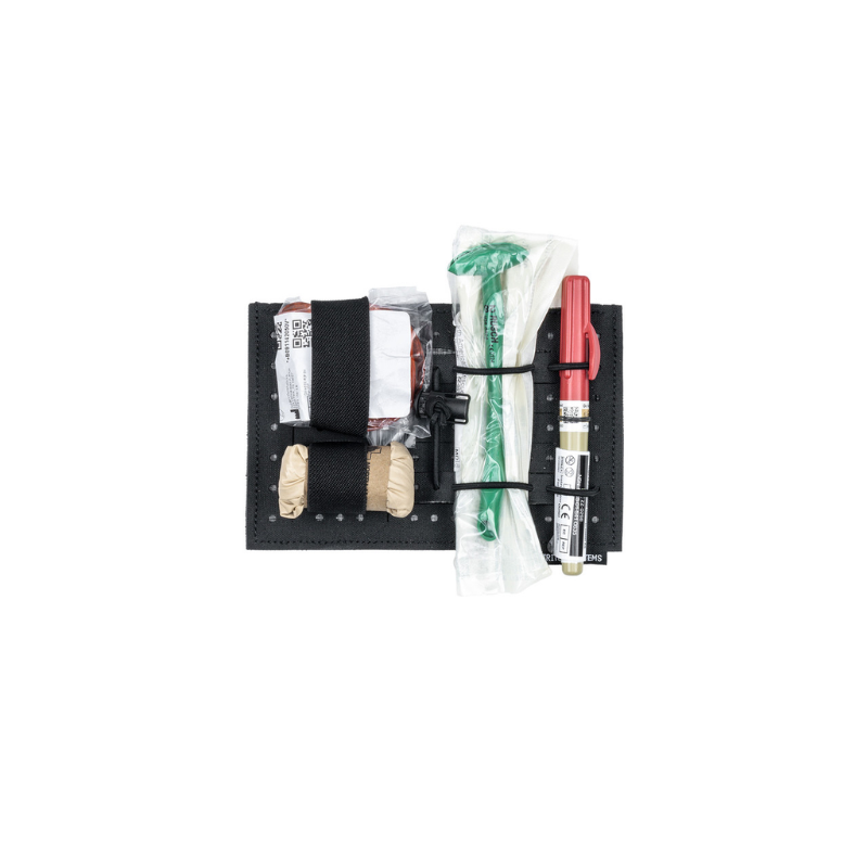 Black med kit with various items on a white background