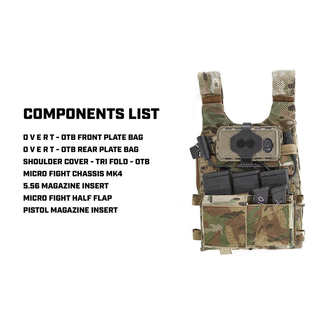 Spiritus Systems Micro Fight Chassis Mk4 mounted to plate bags with shoulder covers, magazine inserts, and Half Flap installed, modular placard system integrated into full plate carrier loadout for lightweight tactical configuration made in the USA