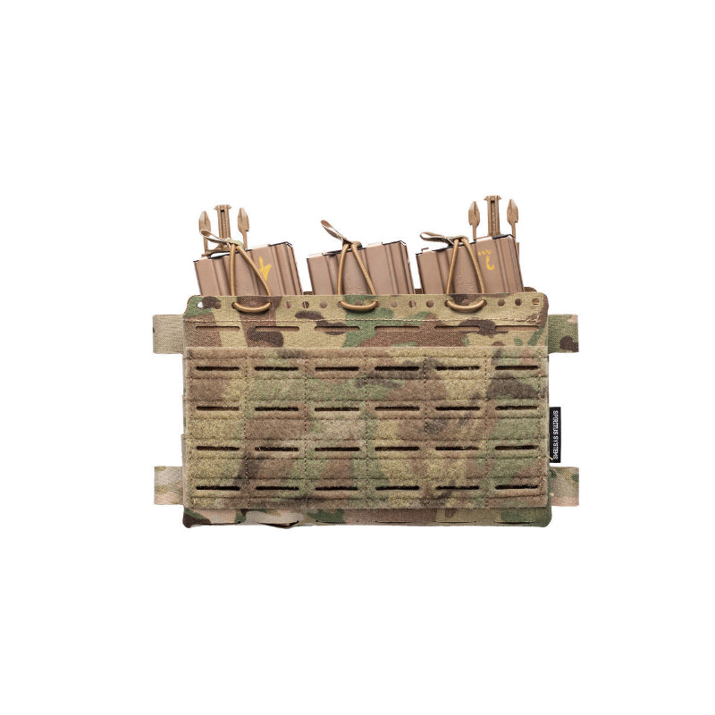 Licensed MULTICAM tactical panel with multiple shown with 3 magazines inside on a white background