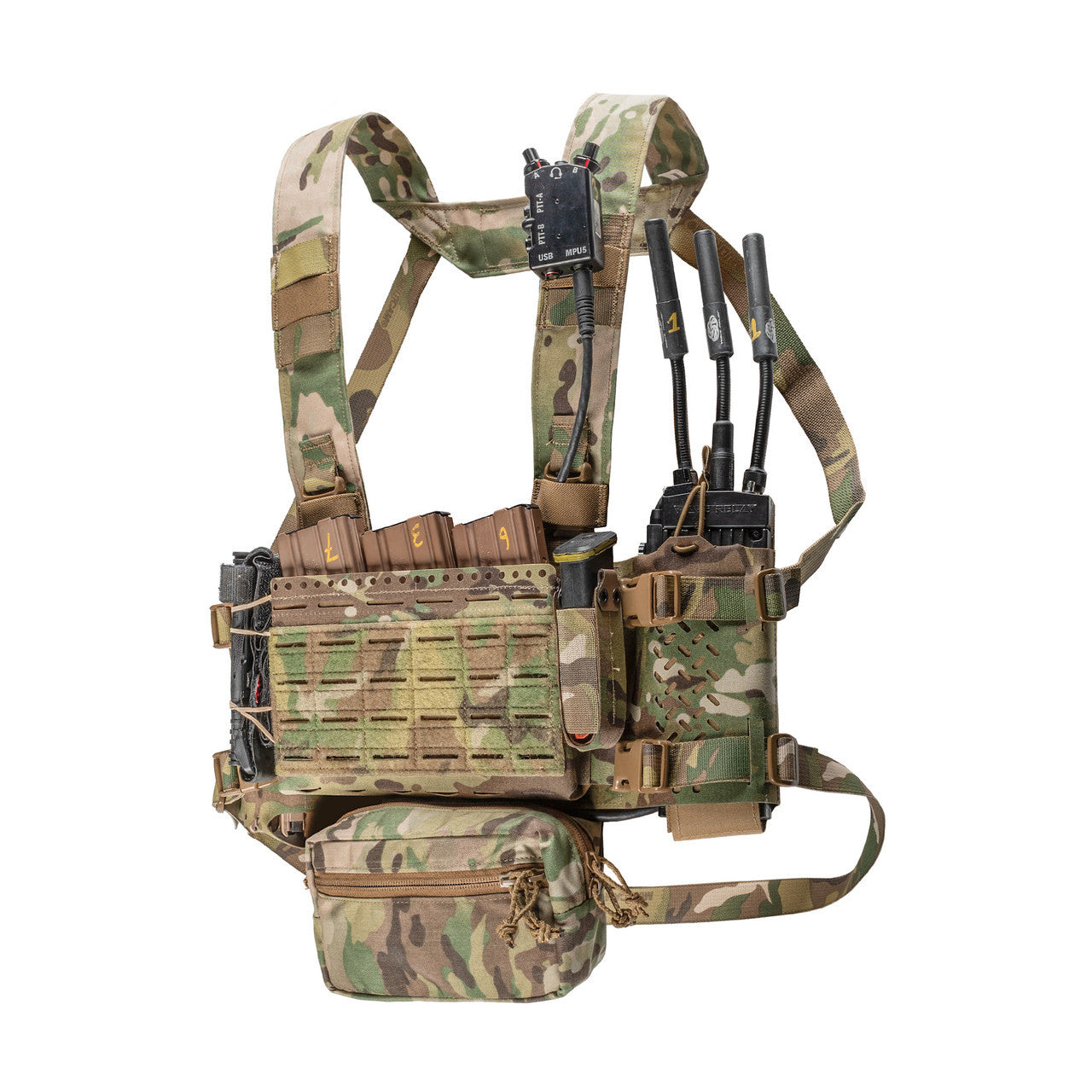 Fully kitted out multicam chest rig with Spiritus Systems Micro Fight MkV attached on front. Shown on a white background