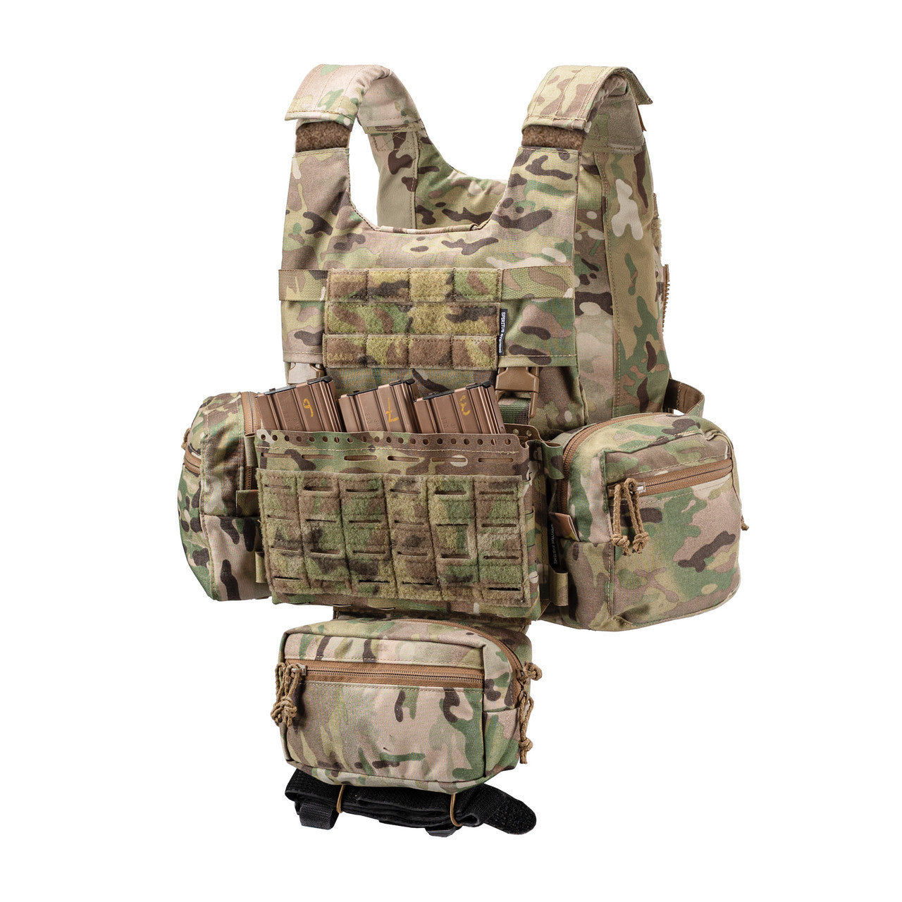 Fully kitted out Plate carrier in Licensed MULTICAM. Shown with Spiritus Systems Micro Fight Chassis MkV
