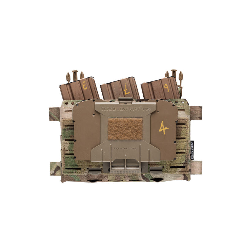 Licensed Multicam tactical panel with multiple magazines inside and attachment for a comms system on the front. shown on a white background