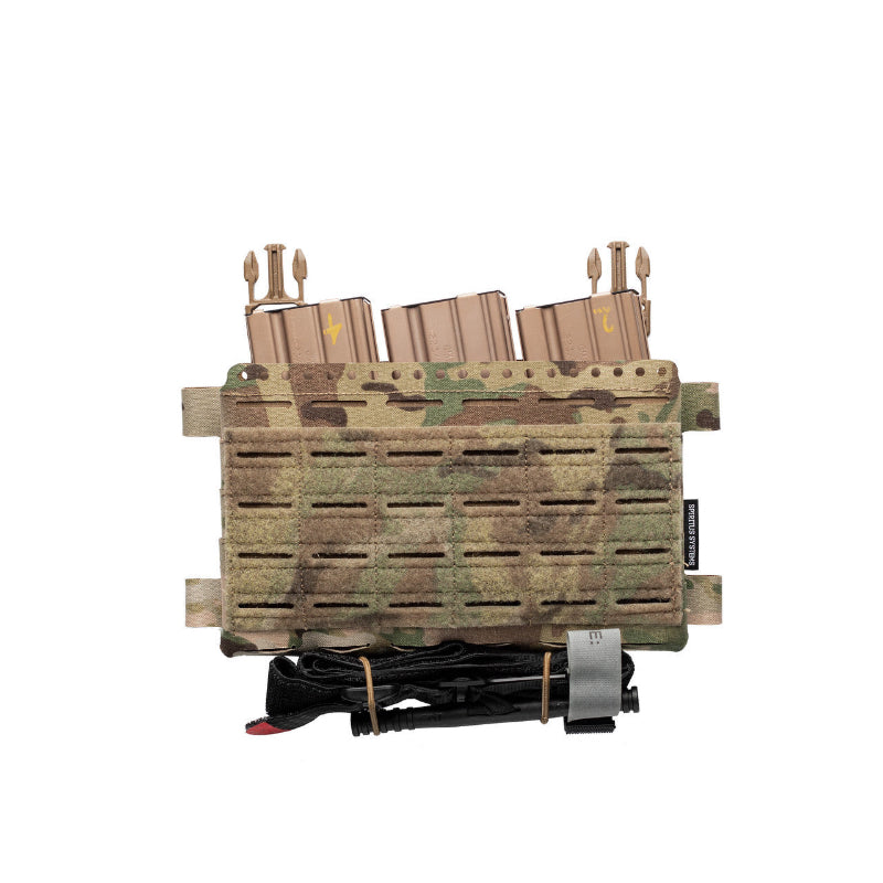 Licensed MULTICAM tactical panel with three magazines inside and a tourniquet attached to the bottom on a white background