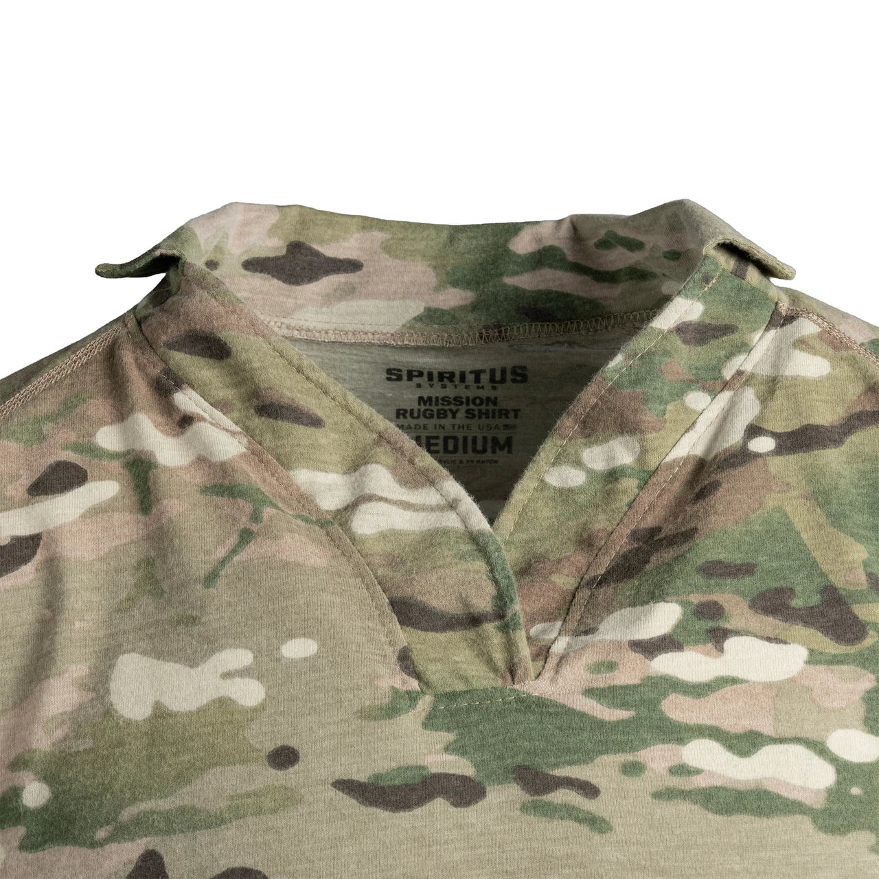 Close-up of the Spiritus Systems Mission Rugby Shirt Short Sleeve showing the high rugby collar and flame-resistant fabric construction.