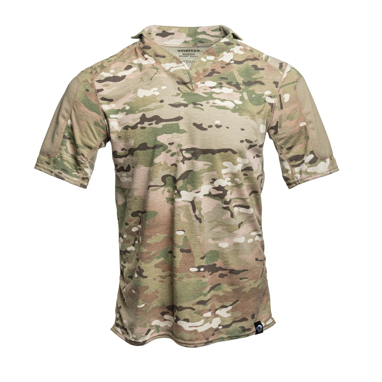 Front view of the Spiritus Systems Mission Rugby Shirt Short Sleeve in MultiCam featuring inherent flame-resistant protection and a mission-ready design.