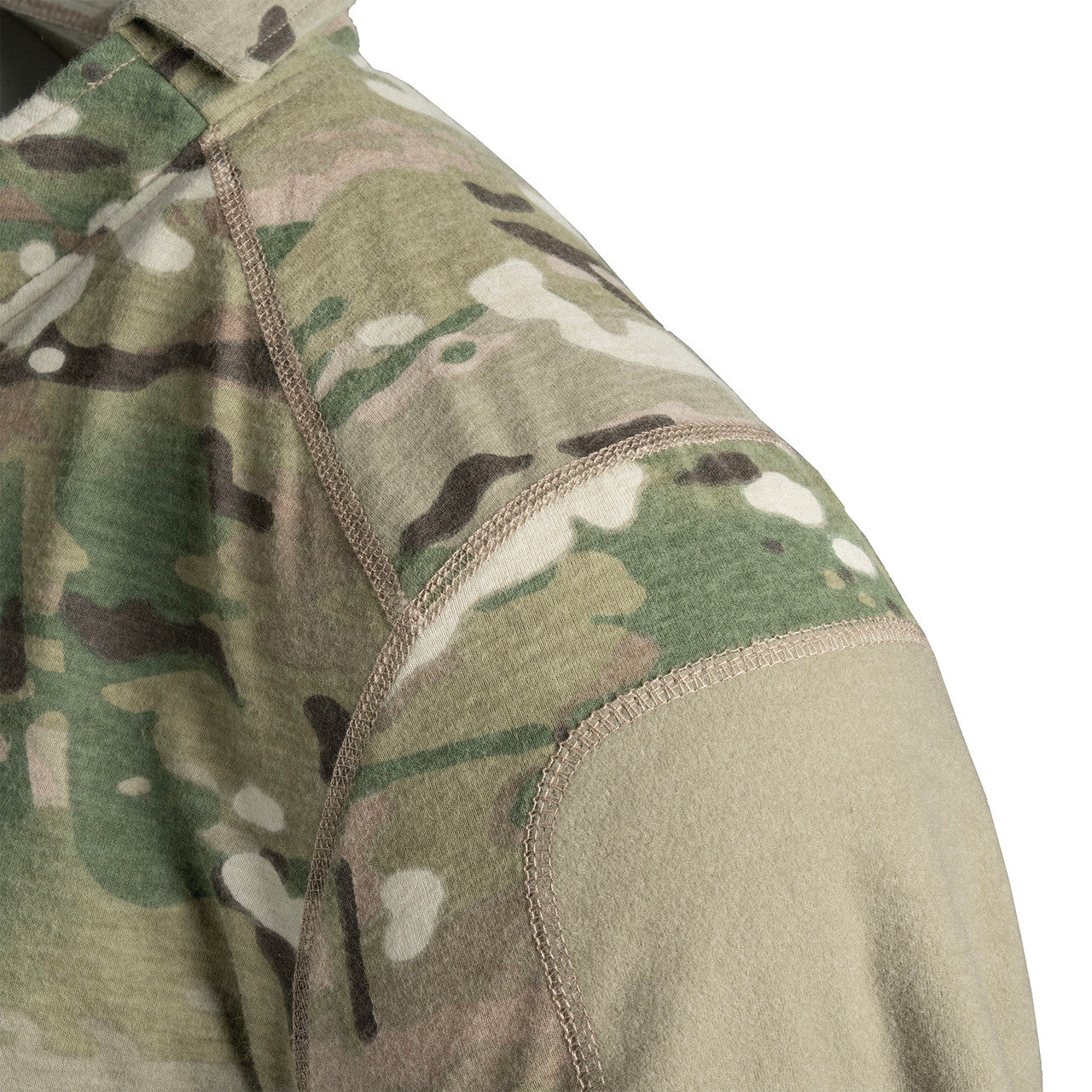 Close-up of the Spiritus Systems Mission Rugby Shirt Short Sleeve highlighting the seam-free shoulder design and durable FR material.
