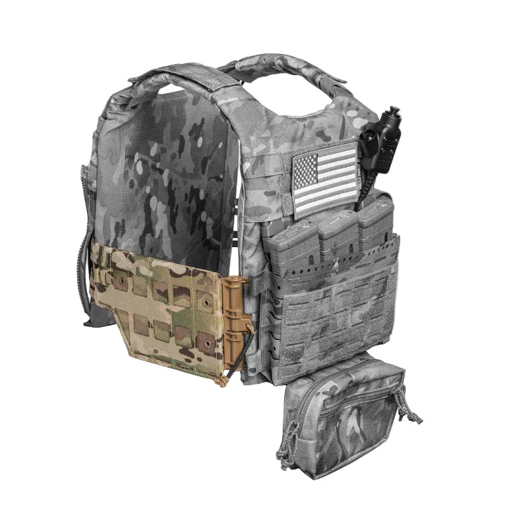 Spiritus Systems Reactive MOLLE Tubes Cummerbund installed on plate carrier with First Spear Tubes engaged, flexible MOLLE side panel system supporting pouches and side armor while allowing natural expansion during movement