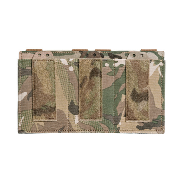 Spiritus Systems TEMP Triple Elastic Mag Pouch in MultiCam, designed to hold three 5.56 magazines or mission tools. Features elastic construction, bungee retention kit, loop panel for patches, and modular compatibility with Micro Fight MkV and Spiritus chest rigs.