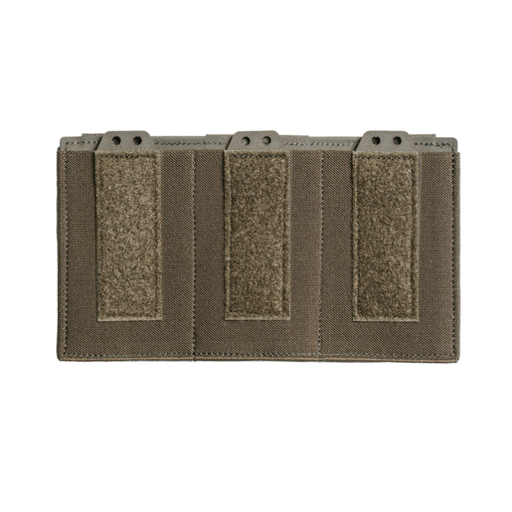 Spiritus Systems TEMP Triple Elastic Mag Pouch in Ranger Green, designed to hold three 5.56 magazines or mission gear. Features elastic construction, loop panel for patches, optional bungee retention kit, and MOLLE-compatible rear mounting for chest rigs and packs.
