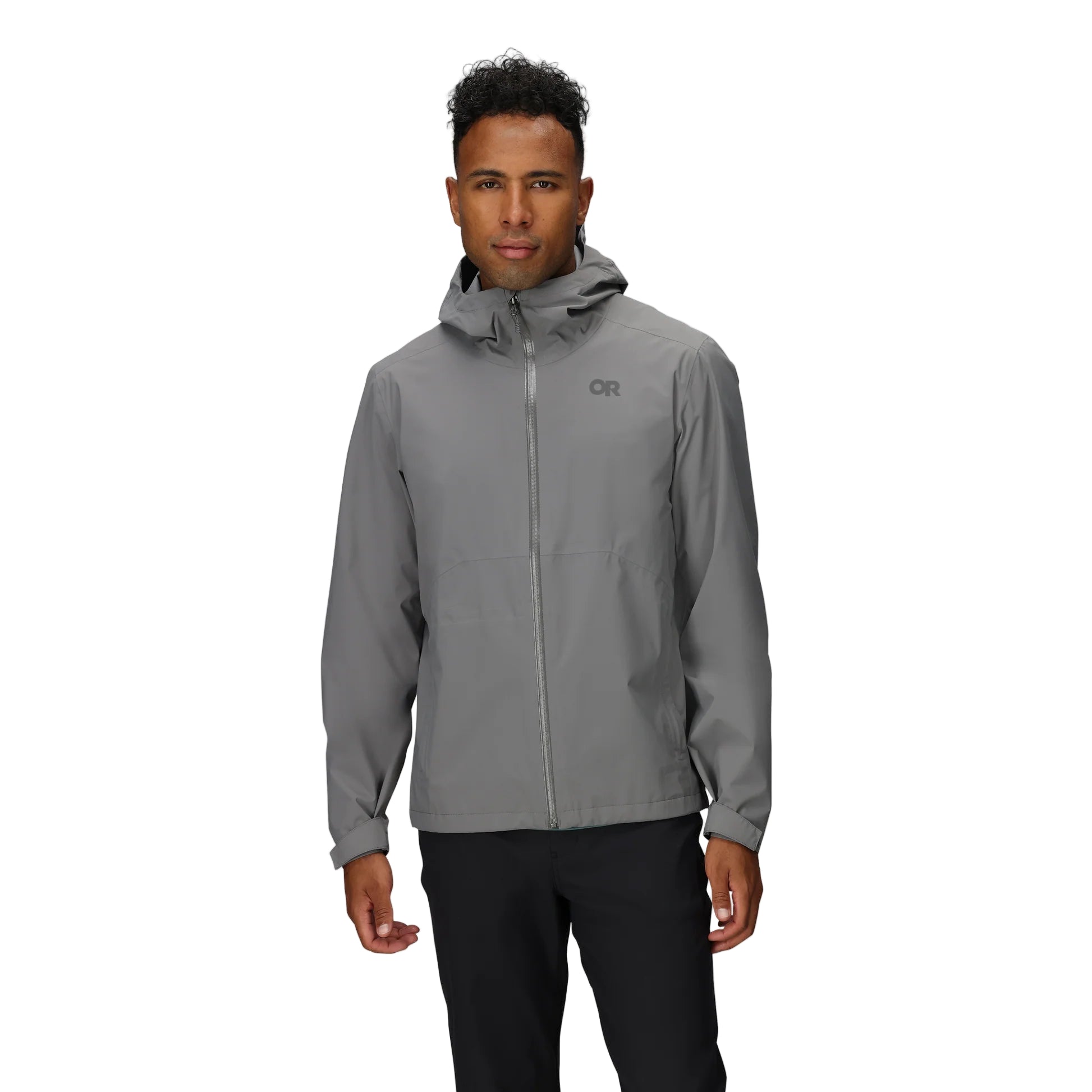 Front view of the Outdoor Research Stratoburst Stretch Jacket in Wolf Grey, shown on a person for a tactical fit reference in outdoor and urban environments