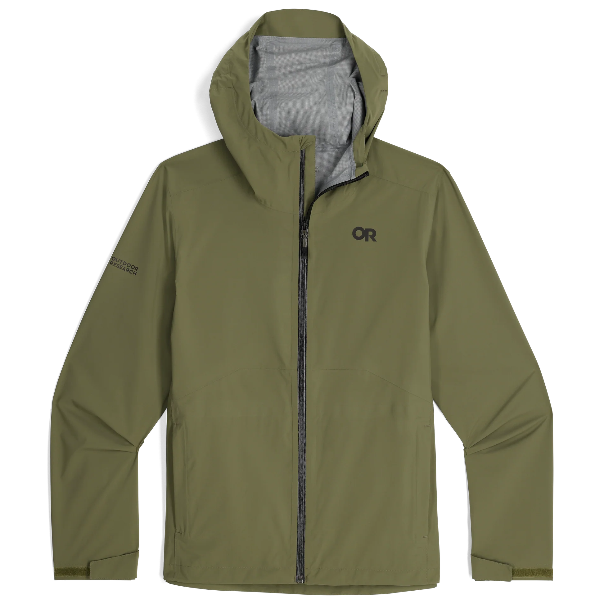 Front product shot of the Outdoor Research Stratoburst Stretch Rain Jacket in Ranger Green, showing minimalist tactical design and waterproof zipper system