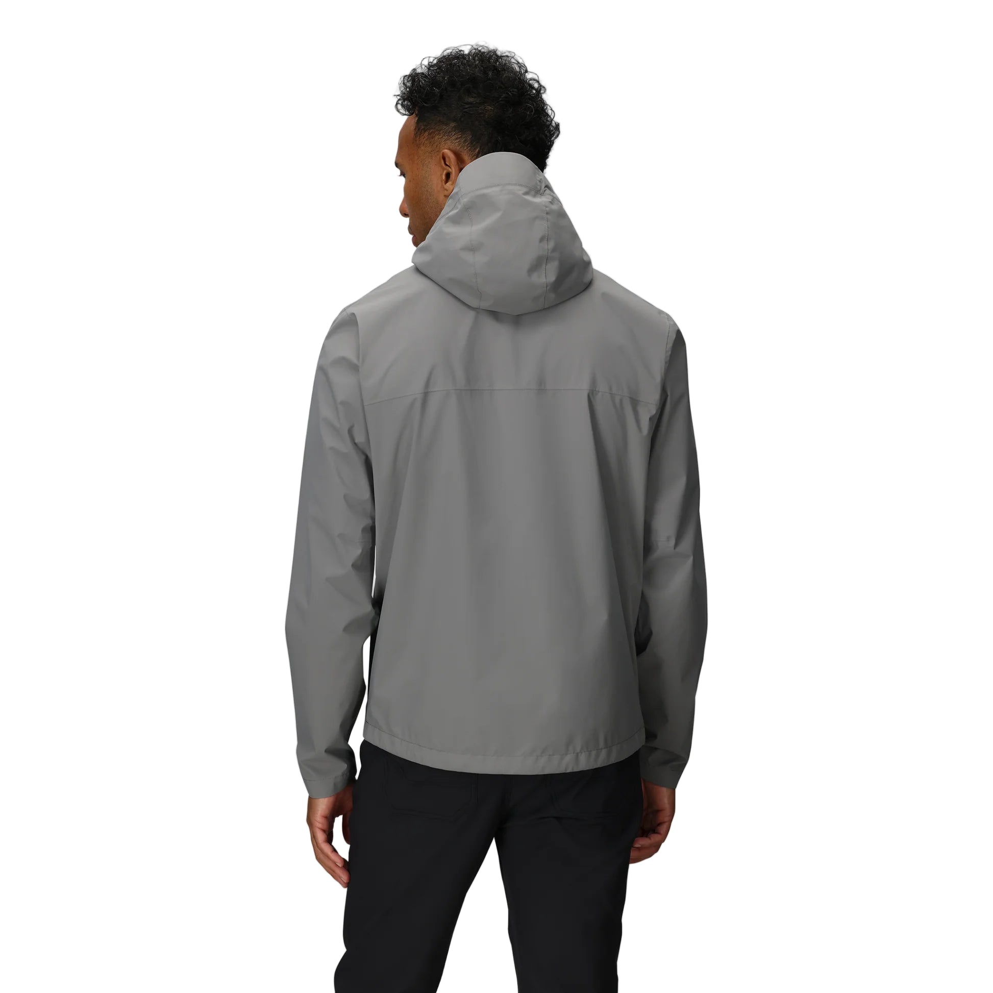 Back view of the Outdoor Research Stratoburst Rain Jacket in Wolf Grey, showing adjustable hood, minimalist design, and weatherproof silhouette for tactical movement