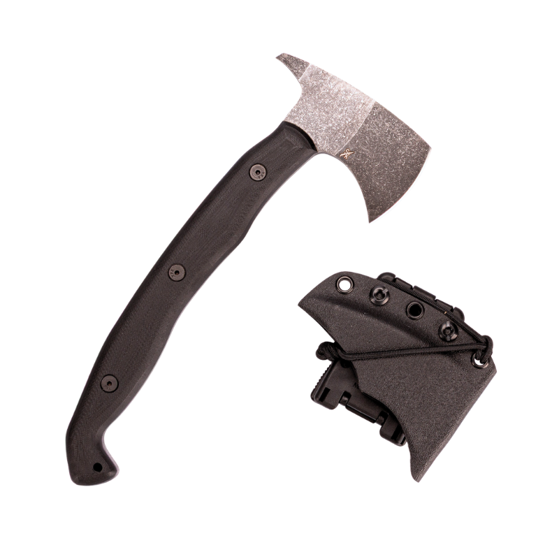 Stroup Knives Spiked Tomahawk with black handle and acid-etched 1095 steel head on white background