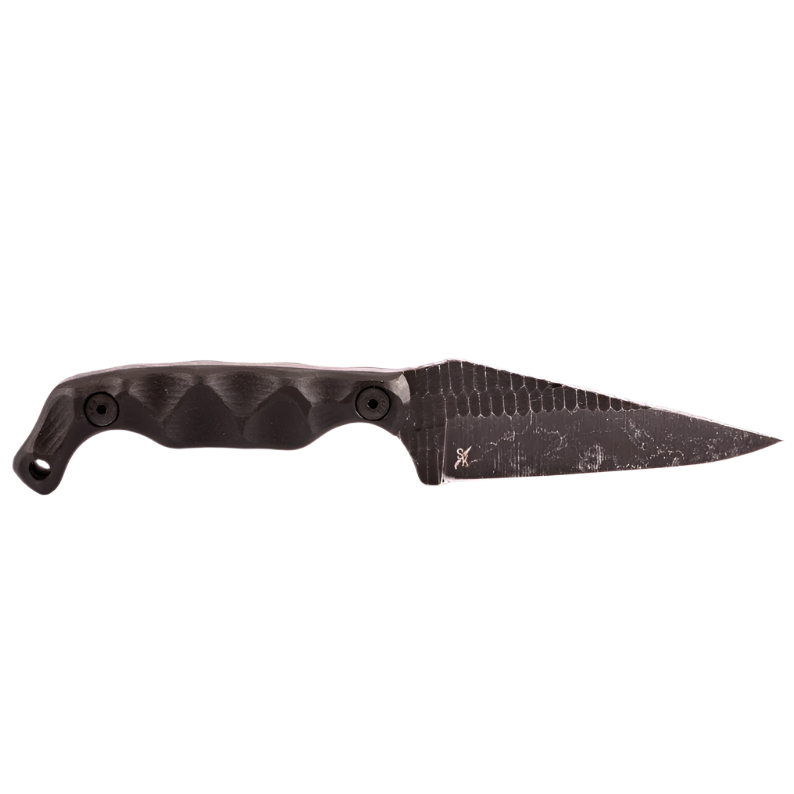 Textured black handle on Stroup Knives Bravo 5 showing ergonomic grip and full tang construction