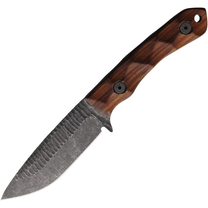 Stroup GP2 fixed blade tactical knife with Honduras Rosewood handle and acid etched 1095 high carbon steel blade, compact full tang survival and EDC knife handmade in North Carolina with Kydex sheath