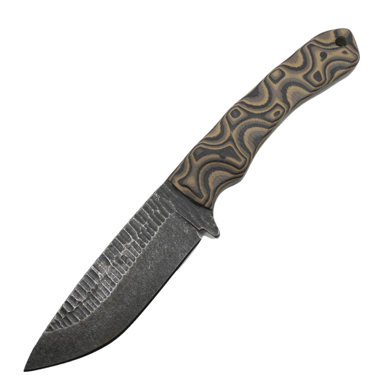 Stroup GP2 tactical knife with camo coated blade and acid etched 1095 high carbon steel finish, compact full tang fixed blade tactical knife for EDC, survival, hunting, and field operations made in the USA