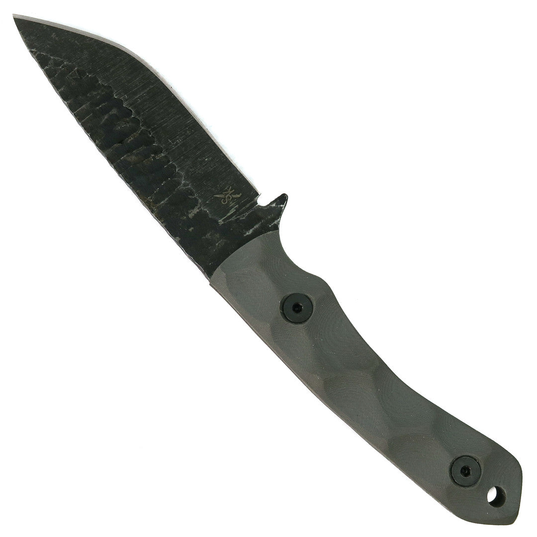 Stroup GP2 tactical knife logo side view featuring Stroup Knives maker mark on black coated 1095 high carbon steel blade with grey G10 handle, compact full tang fixed blade tactical knife for EDC, survival gear, bushcraft, and field use made in the USA
