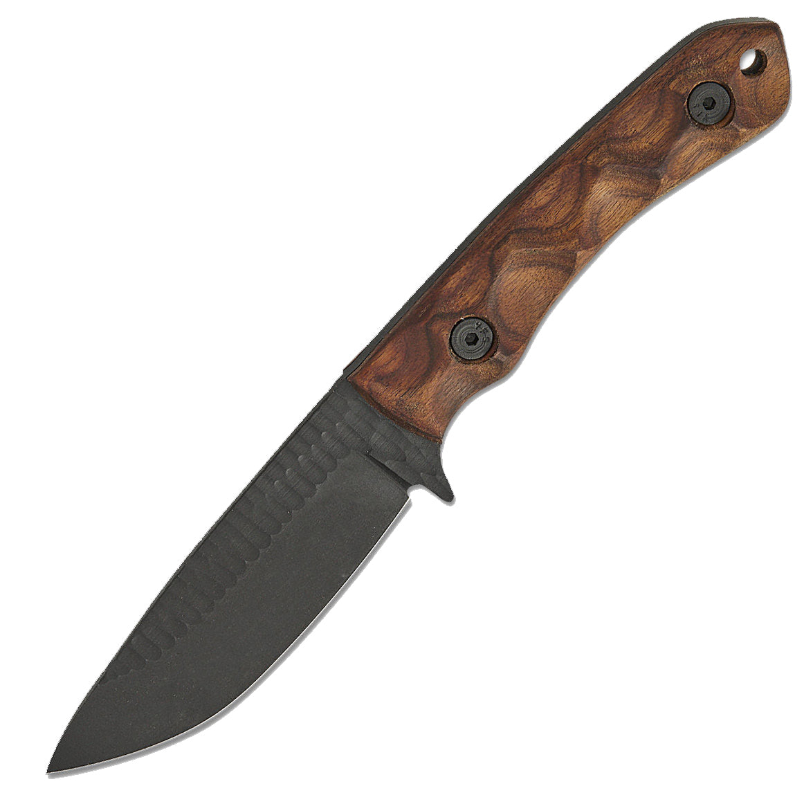 Stroup GP2 tactical knife with Honduras Rosewood handle and black Cerakote coated 1095 high carbon steel blade, compact full tang fixed blade tactical knife for EDC, survival, hunting, and field use made in the USA