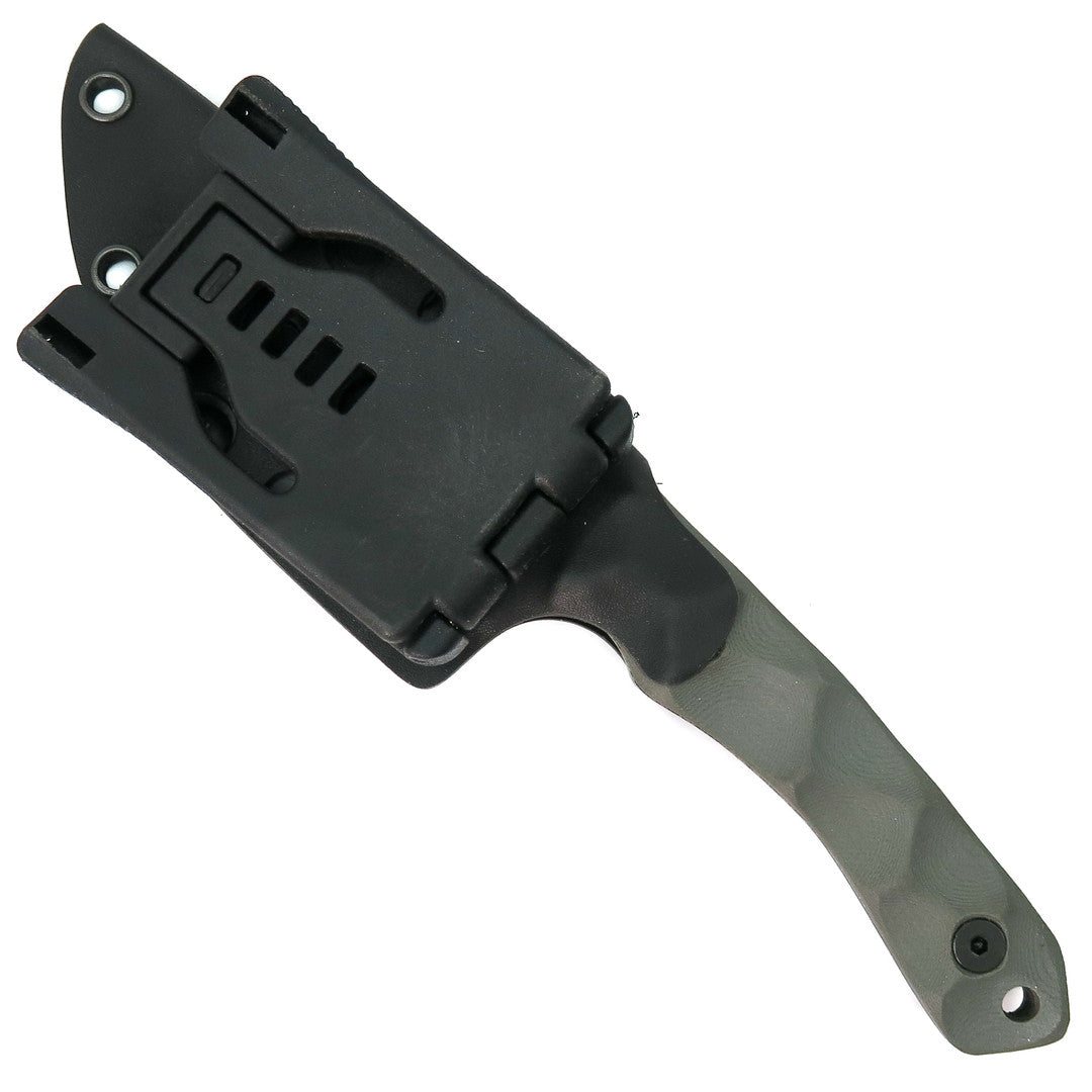 Stroup GP2 tactical knife secured in Kydex sheath with belt clip, compact full tang 1095 high carbon steel fixed blade tactical knife for everyday carry EDC, survival gear, bushcraft, hunting, camping, and tactical kit use made in the USA
