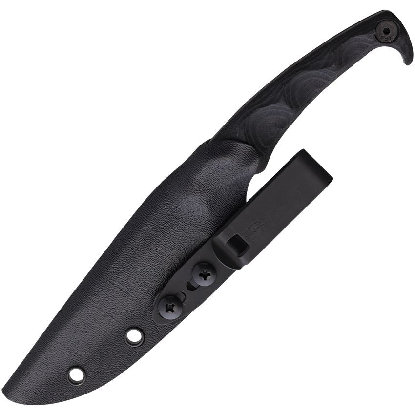 Stroup MK2 tactical combat knife secured in Kydex sheath with belt clip, full tang 1095 high carbon steel fixed blade tactical knife for self defense, close quarters combat, EDC carry, and field operations made in the USA