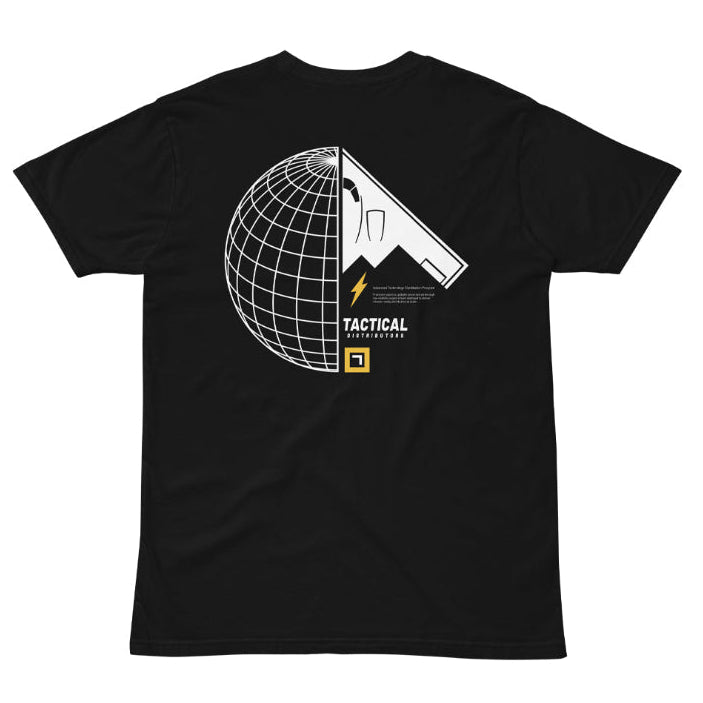 Black t-shirt with a graphic design on the back featuring a gun and globe, on a white background.