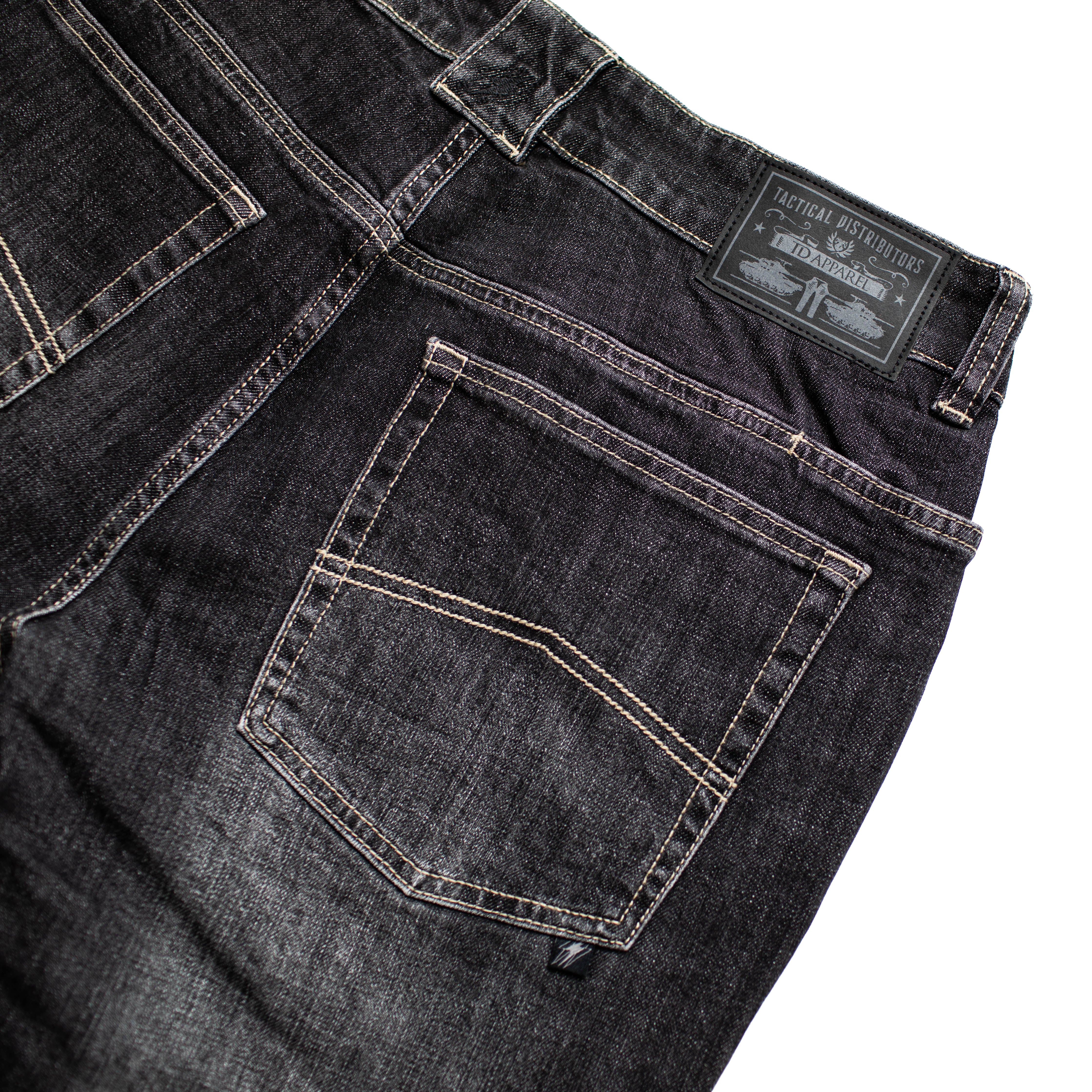 Back pocket layout of the TD McQuade Tactical Jeans in the Vintage Black wash showing the reinforced rear pockets, AR mag compatible EDC yoke pockets, and concealed carry optimized tactical denim designed for users searching for the best tactical jeans, CCW jeans, and everyday carry pants.