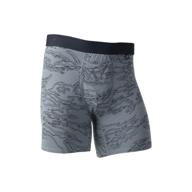 Front view of the TD Base Layer Boxer Brief in Shadow Tiger Stripe showing the athletic fit, flip top fly, plush waistband, and Merino bamboo performance fabric designed for moisture wicking, odor resistance, and mission ready comfort. Available from Tactical Distributors in Virginia Beach for everyday and tactical use across the United States.