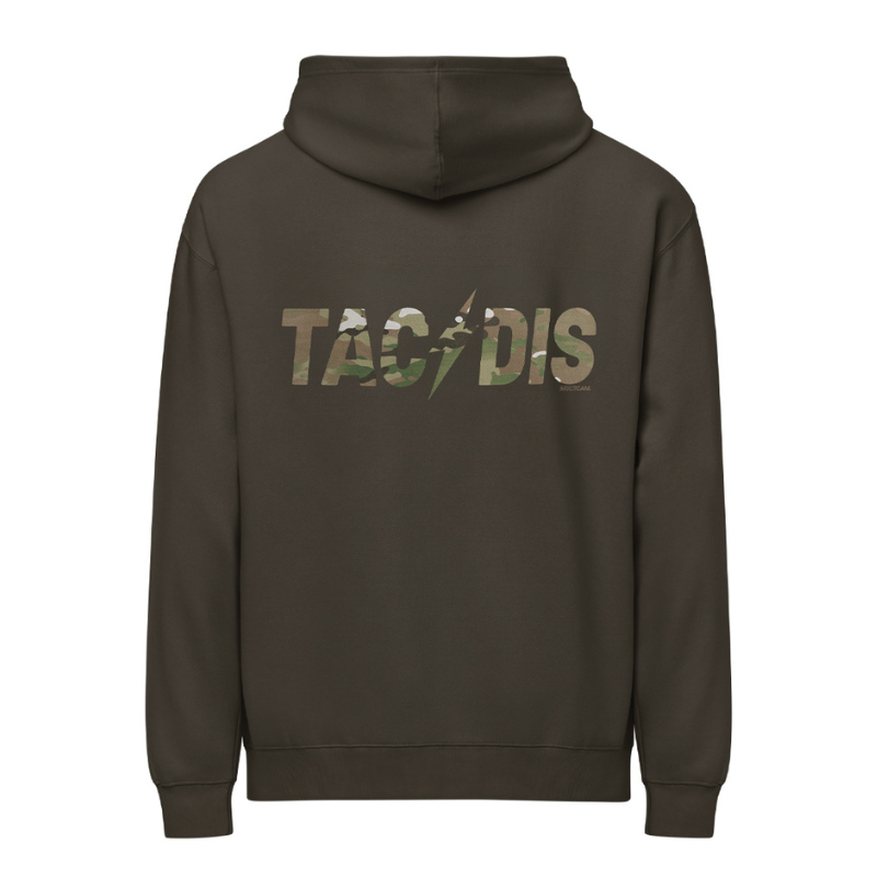 Washed black hoodie with 'TAC/DIS' logo on the back against a white background