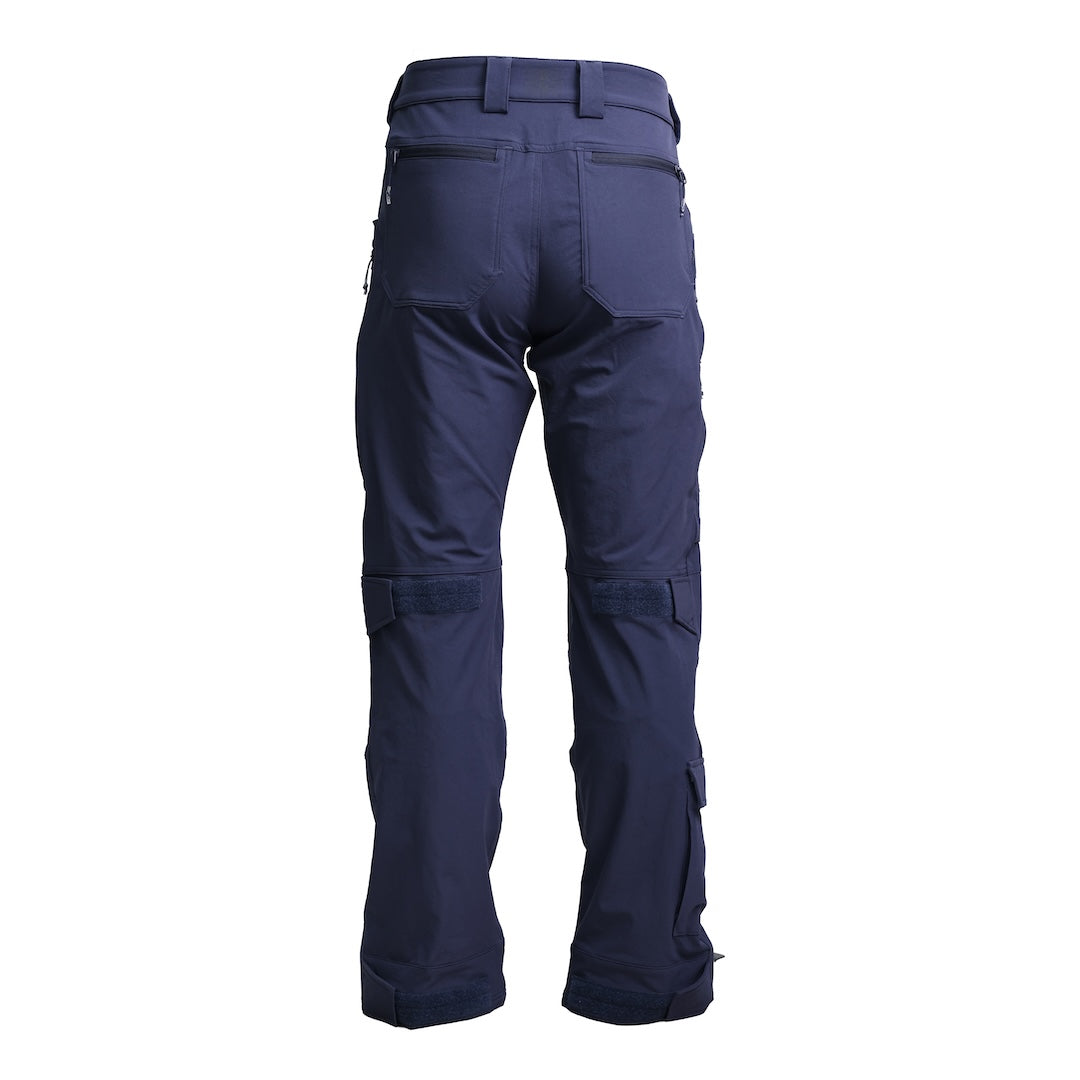 Back view of the TD Cordell Combat Pants V2 in Navy Blue showing the reinforced heel panels, articulated leg construction, wide belt loops, and dual zippered rear pockets. Highlights the durable double-weave softshell fabric, ergonomic back-yoke design, and mobility-focused tailoring. Ideal for users searching for navy tactical pants with secure storage, reinforced durability, and everyday carry functionality for range days and field use.
