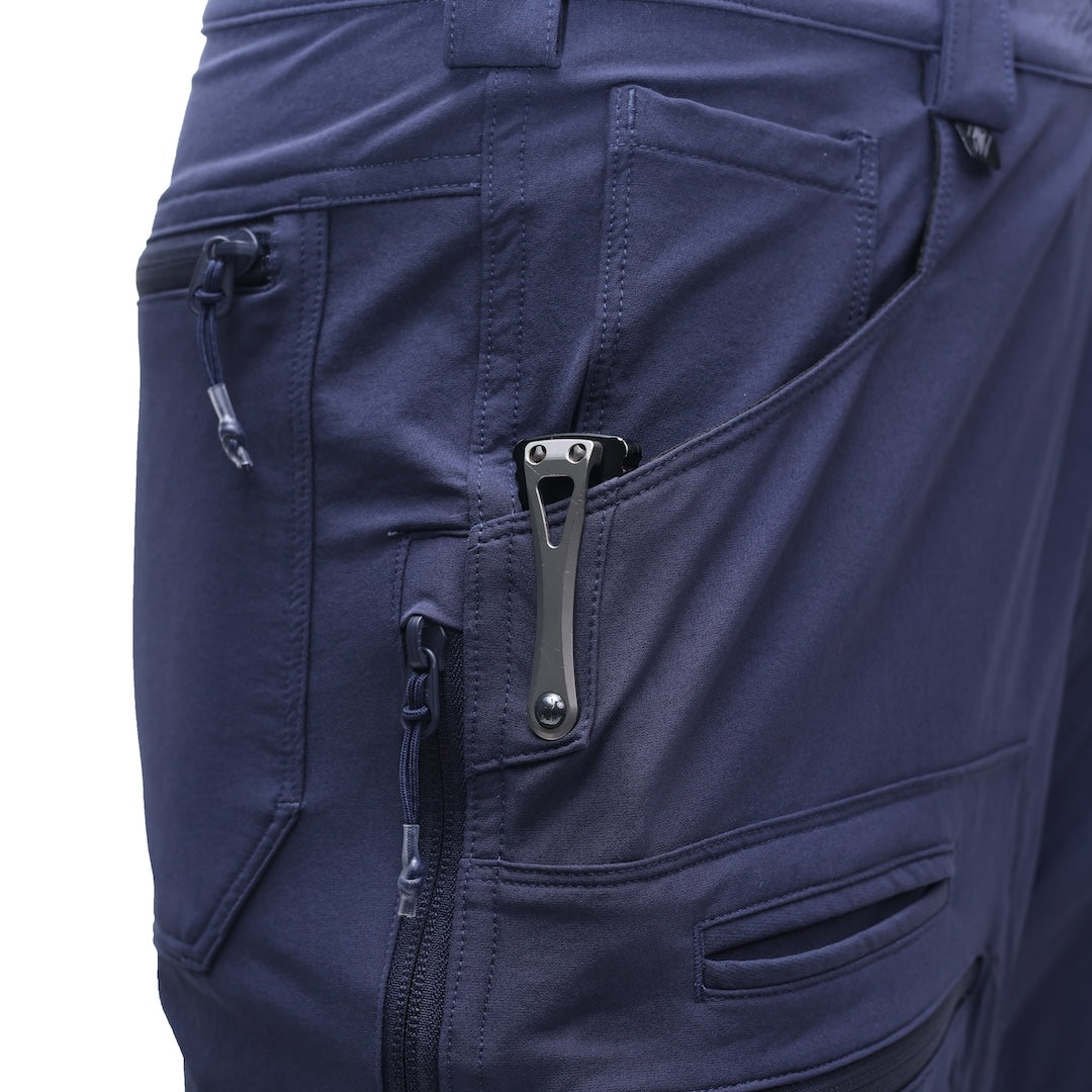 Close-up of the TD Cordell Combat Pants V2 in Navy Blue showing the reinforced knife-pocket panel on the front hand pocket. Highlights the abrasion-resistant overlay designed to protect against knife clips, multitools, and daily carry gear. Ideal for users searching for navy tactical pants with reinforced EDC pockets, durable knife-ready front pockets, and long-wear combat pants built for range days and field work.