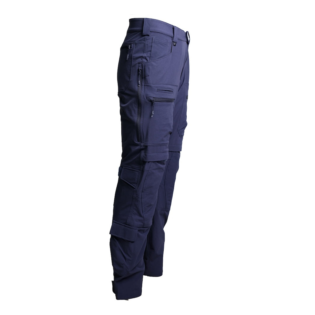 Side view of the TD Cordell Combat Pants V2 in Navy Blue showing the mesh-backed thigh vent zipper, articulated knee shaping, reinforced knife-pocket panel, and ergonomic softshell construction. Highlights the full EDC pocket layout and mobility-focused design. Ideal for users searching for navy tactical pants with ventilation, high-mobility combat pants, or durable EDC trousers for range training and field operations.