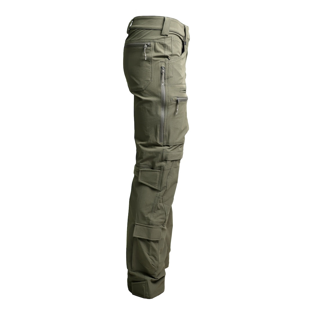 Side view of the TD Cordell Combat Pants V2 in Ranger Green showing the mesh-backed thigh vent zipper, articulated knee construction, reinforced knife-pocket area, and ergonomic multi-panel leg design. Highlights the mobility-focused softshell fabric and full EDC pocket layout. Ideal for users searching for Ranger Green tactical pants with ventilation, high-mobility combat pants, or durable field-ready trousers for shooting, training, and daily carry.