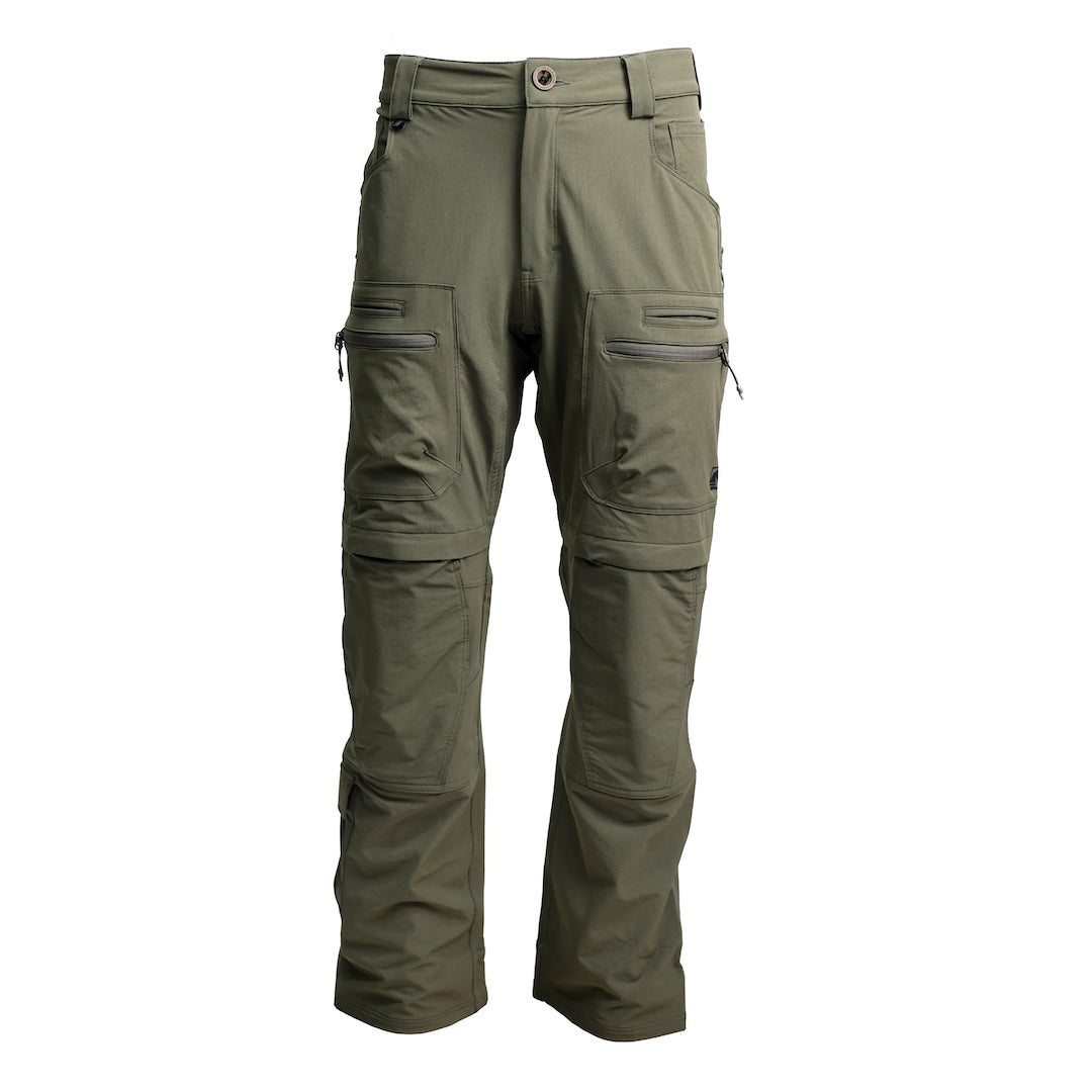 Front view of the TD Cordell Combat Pants V2 in Ranger Green, showing the upgraded double-weave softshell fabric, articulated knees, gusseted crotch, and full eleven-pocket EDC storage layout. Highlights the mesh-backed thigh vents, reinforced knife-pocket panel, wide belt loops, and knee-pad compatible pockets. Ideal for users searching for Ranger Green tactical pants, durable combat pants for range training, or multi-season EDC trousers built for mobility and field performance.