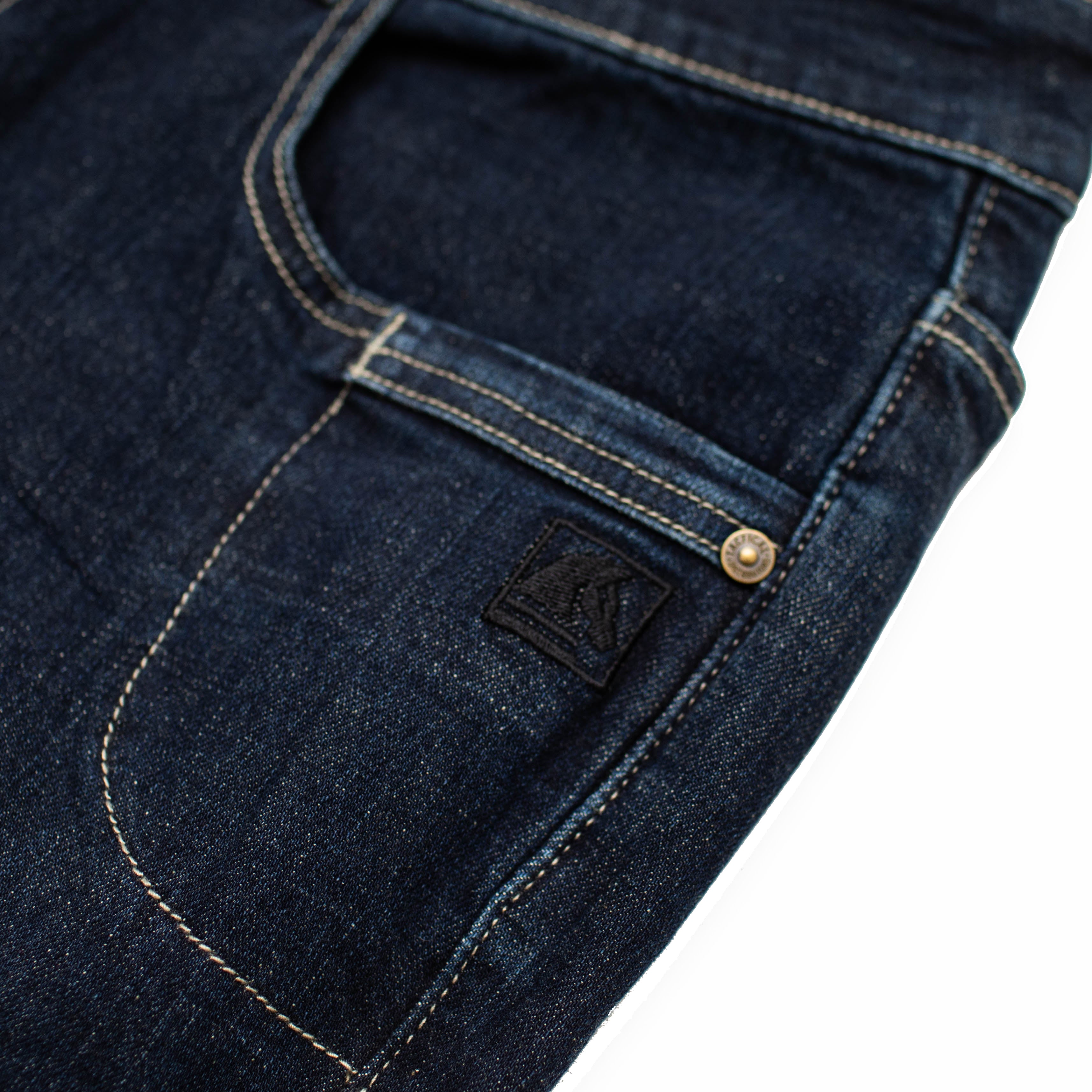 Close up view of the TD McQuade Tactical Jeans showing the reinforced stitching, branded rivets, and EDC pocket layout designed for tactical carry, concealed carry, knives, tools, and everyday tactical loadouts.