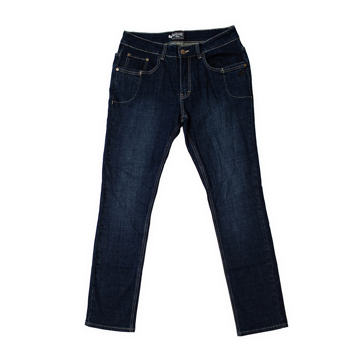 Product shot of the TD McQuade Tactical Jeans in the Deep Sea wash slim cut showing the EDC ready stretch denim, ten pocket tactical layout, and concealed carry friendly design built for everyday tactical use.