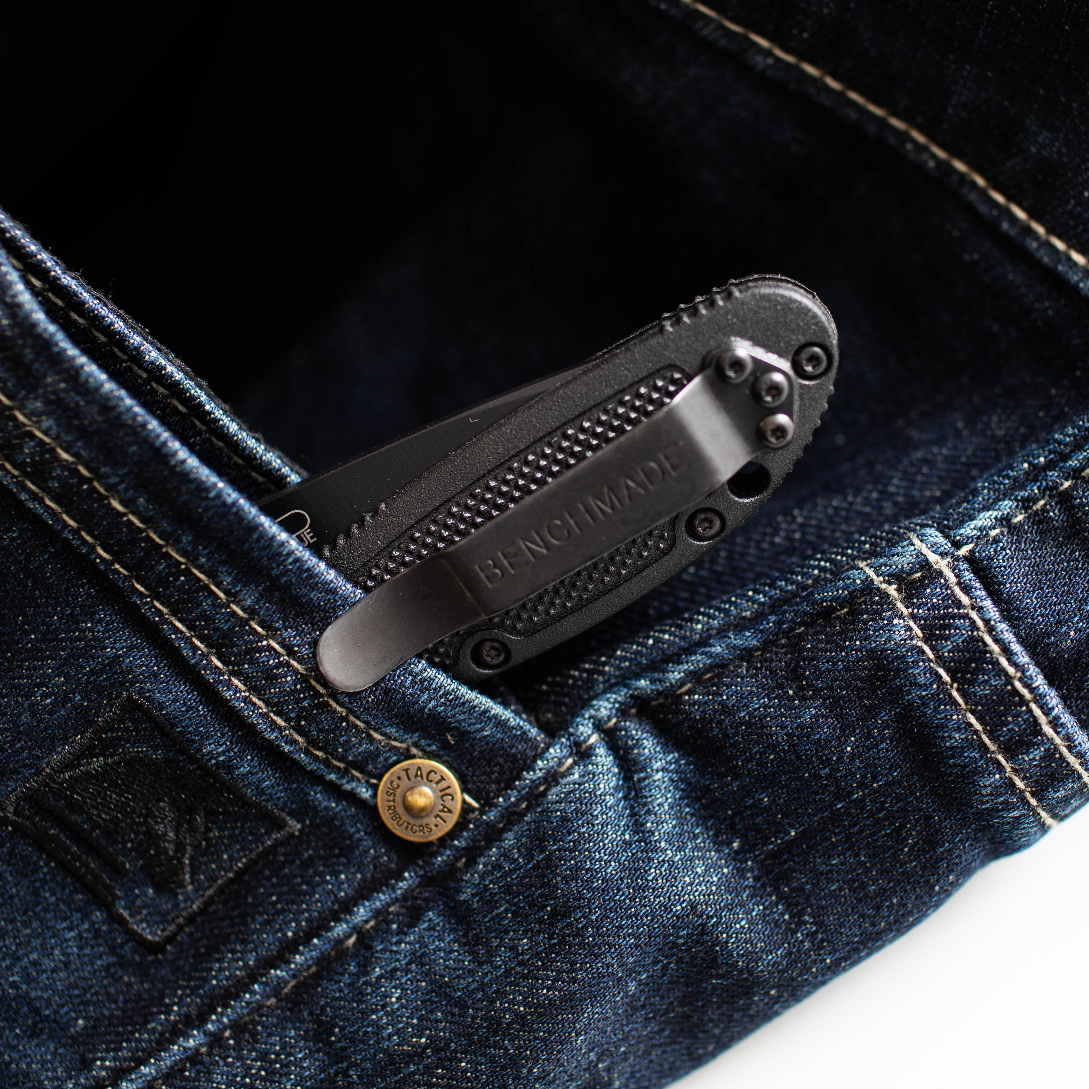 Close up of the TD McQuade Tactical Jeans showing the dedicated EDC knife pocket with reinforced stitching designed for secure blade carry and everyday tactical use.