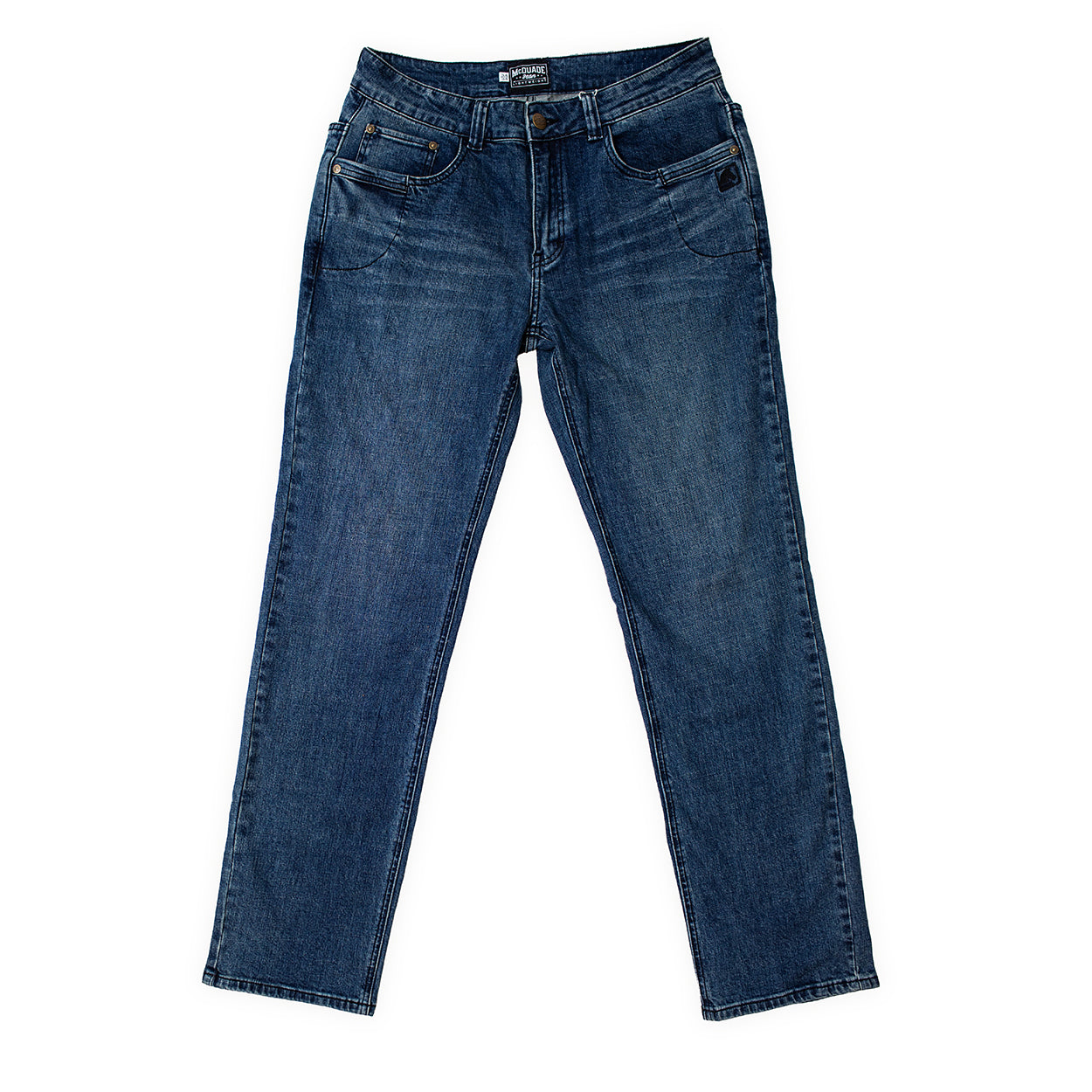 TD McQuade Tactical Jeans in the Mid Blue Marlboro wash showing the stretch tactical denim construction, ten pocket EDC layout, reinforced belt loops, and concealed carry friendly design for buyers searching for the best tactical jeans and everyday carry pants.