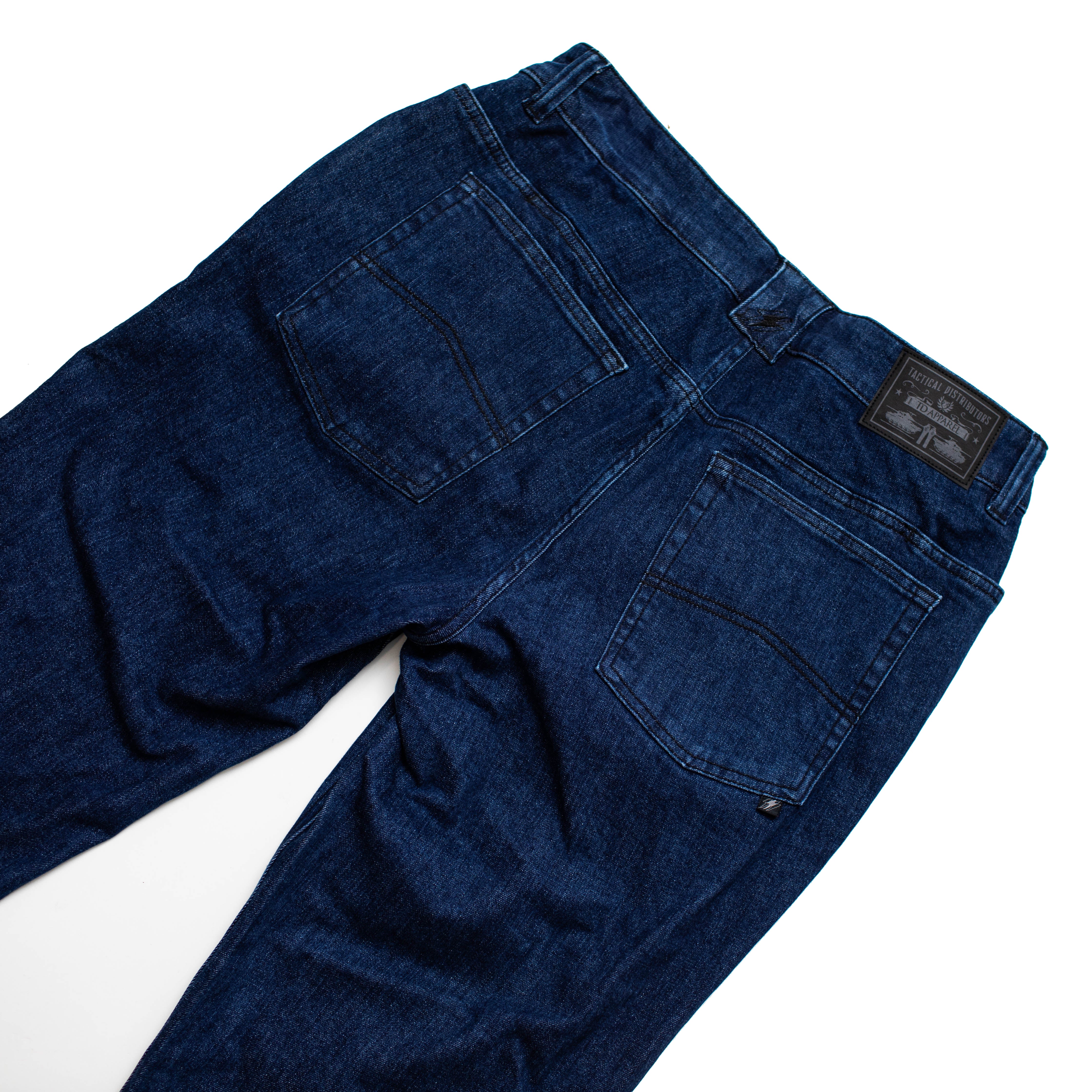 Back pocket layout of the TD McQuade Tactical Jeans in the Midnight wash showing the reinforced stitching, AR mag compatible EDC pockets, and concealed carry optimized tactical denim designed for users searching for the best tactical jeans, CCW pants, and everyday carry denim.